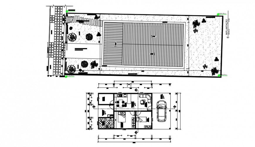 One level house distribution layout plan with furniture details dwg file