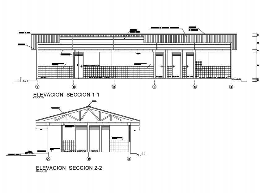 One level house elevation and sectional details dwg file