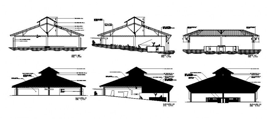 One story church building elevation and section cad drawing details dwg file
