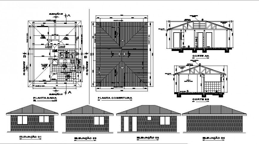 One story house all sided elevation, plan and structure details dwg file