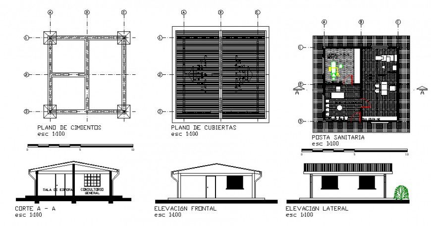 One story house elevation, section, plan, foundation plan and cover plan details dwg file