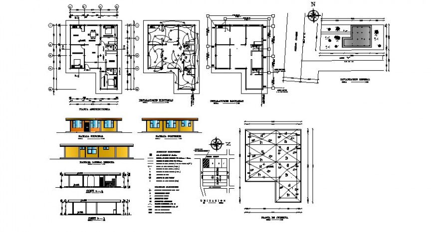One story house elevation, section, plan and structure cad drawing details dwg file