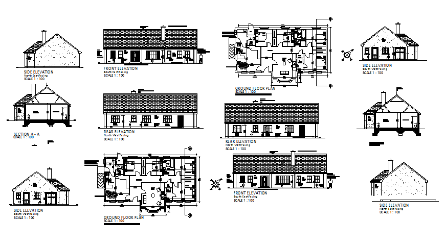One story house elevation, section and plan cad drawing details dwg file