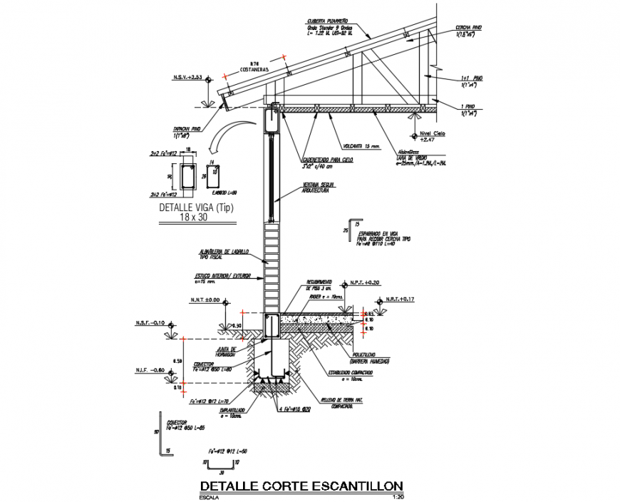 One story house facade constructive sectional details dwg file