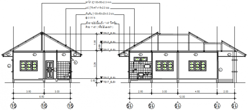 One story house front and side section cad drawing details dwg file