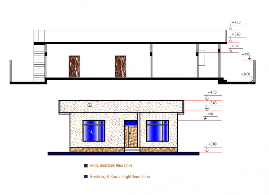 One story house front elevation and sectional details dwg file
