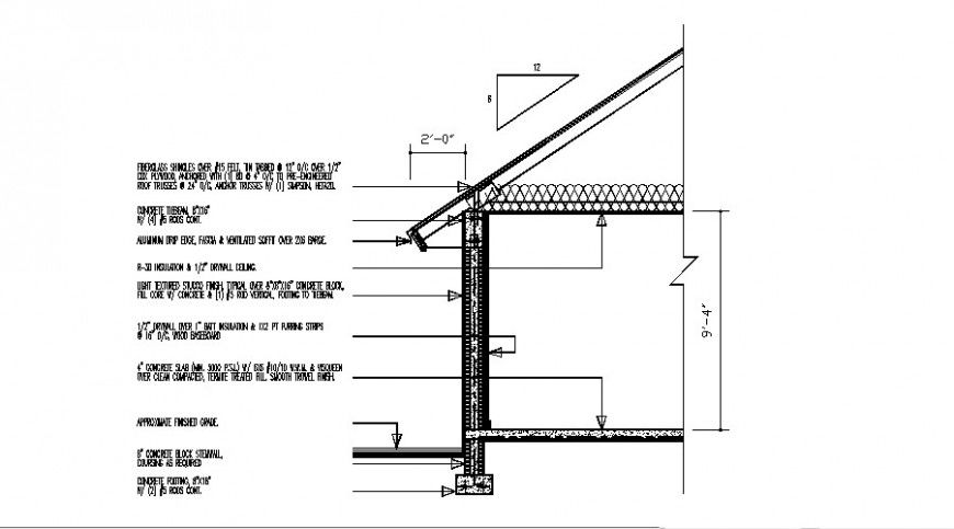 One story house side cut constructive section drawing details dwg file