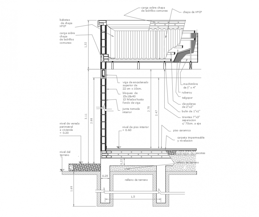 One story house with roof constructive sectional details dwg file
