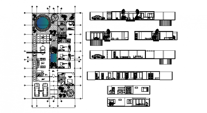 One story housing units plan elevation and sections in autocad drawings