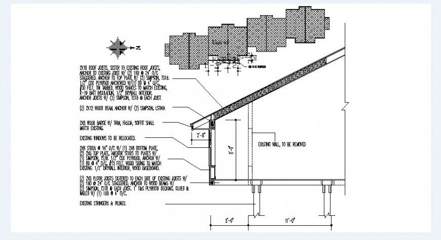 One story roof house cut constructive section drawing details dwg file