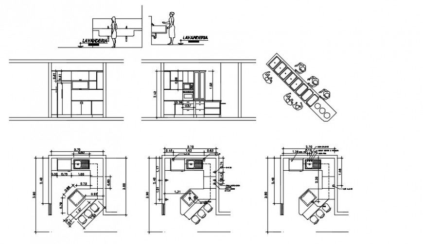 Open kitchen interior detailing and top view plan dwg file