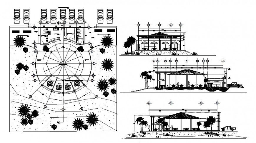 Open restaurant 2d view plan and elevation autocad software file
