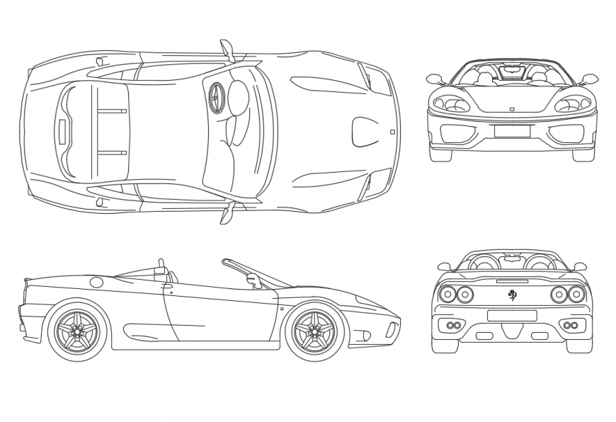 Open roof Ferrari cars all sided elevations cad block details dwg file
