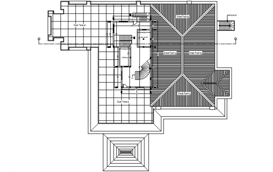Open terrace and roof plan drawing details of hotel building dwg file
