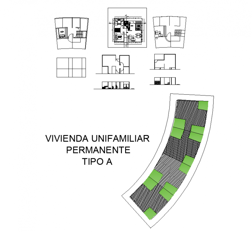 Organic uni-family housing building elevation and plan 2d view layout dwg file