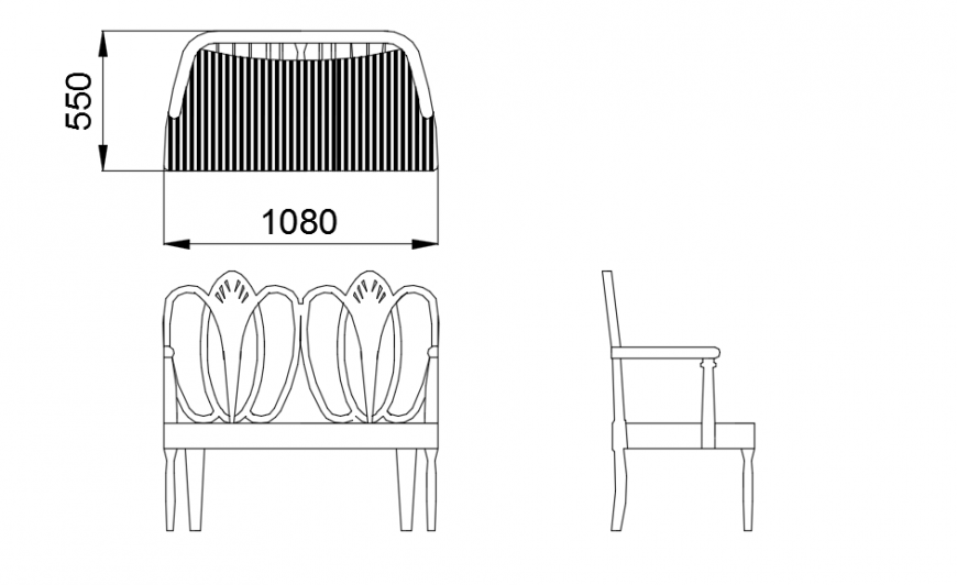 Ornate bench seat elevation model detail dwg file