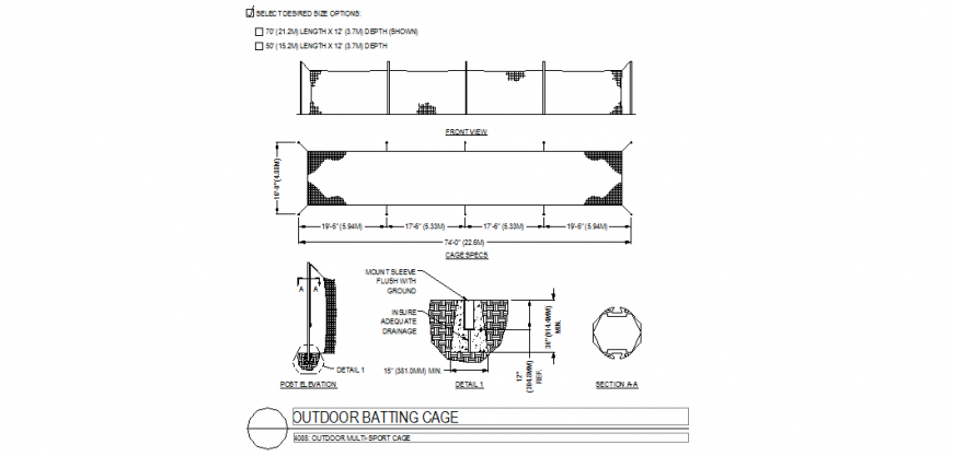 Outdoor batting cage plan and elevation with sports area view dwg file