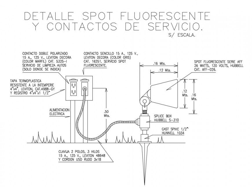 Outdoor fluorescent spot light electrical installation details dwg file