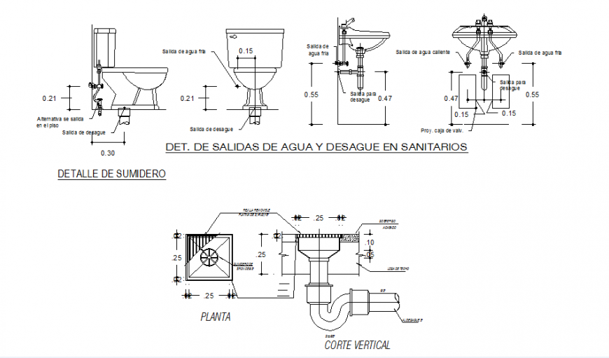 Outlets of water and drain in toilets detail