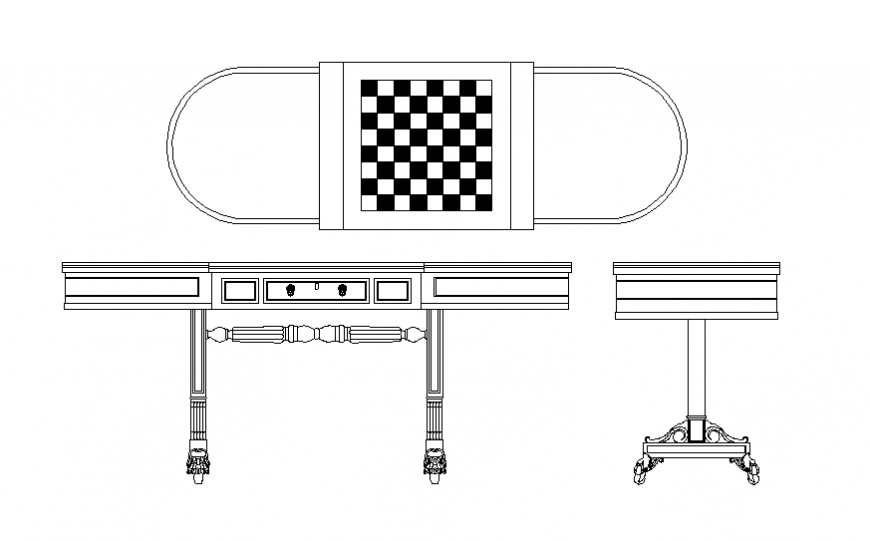 Oval chess game table all sided elevation cad block details dwg file