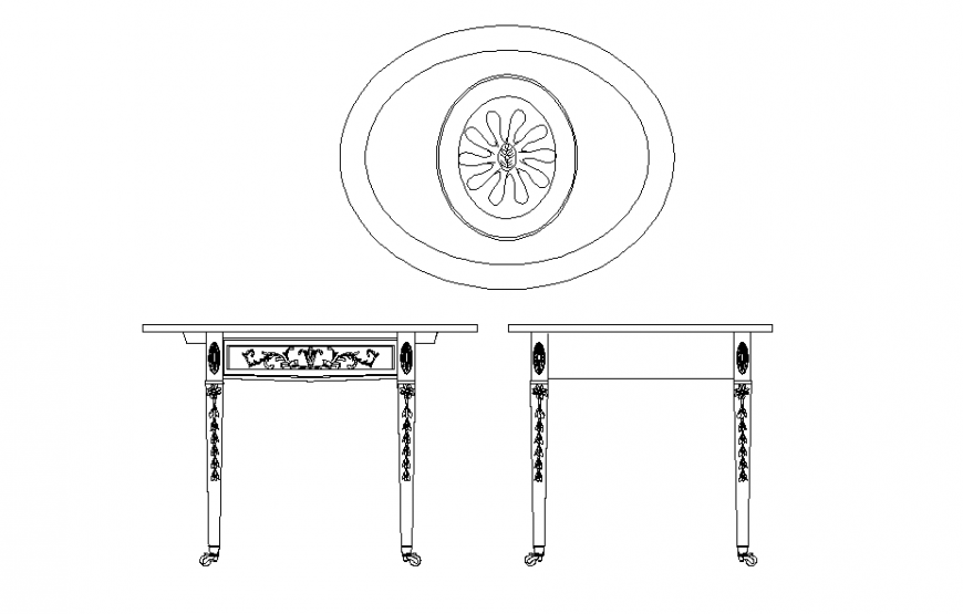 Oval round shape table all sided elevation cad block details dwg file