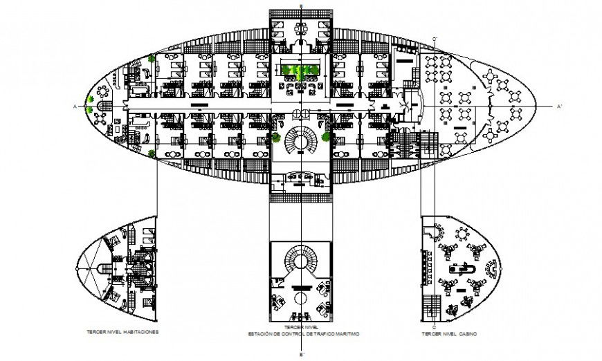 Oval shape hotel layout plan in AutoCAD file.