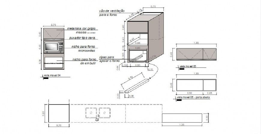 Oven with oven cabinet elevation, section and plan cad drawing details dwg file