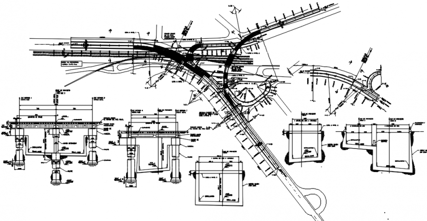 Over pass bridge location, sections and constructive structure drawing details dwg file