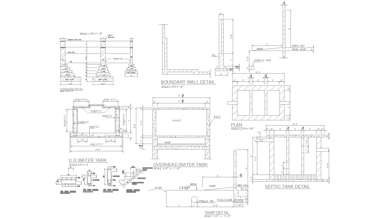 overhead water tank and septic tank section plan details, Download DWG file.