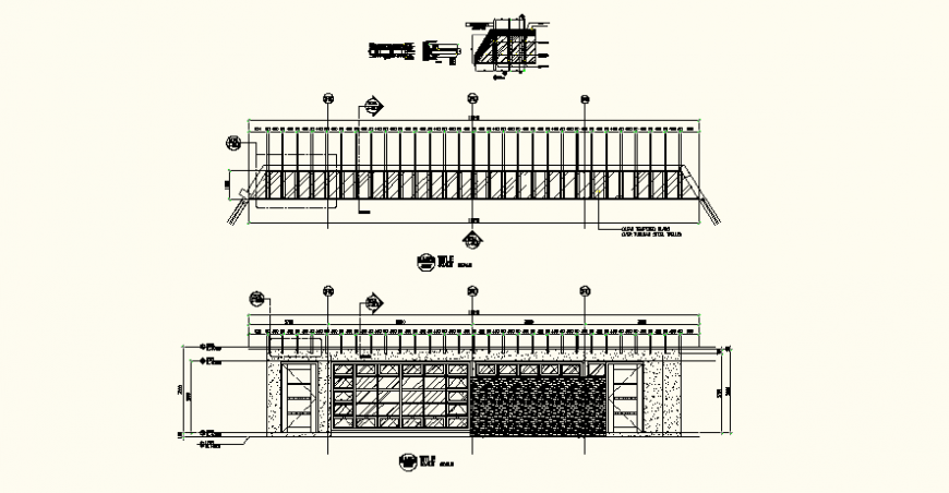 Pabel long glass with metal frame detail elevation and plan autocad file,