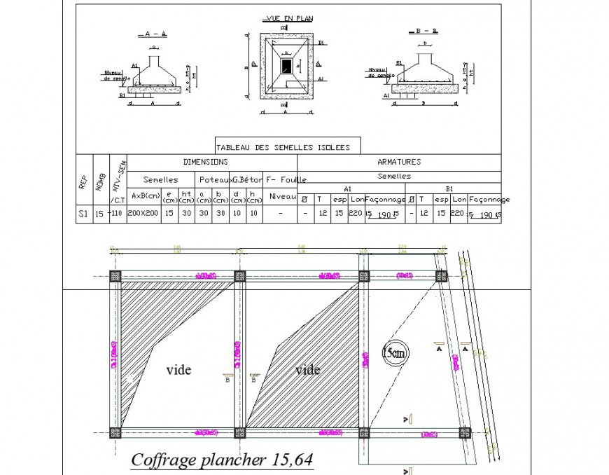 Pad footing detail 2d view CAD structural block layout file in dwg format