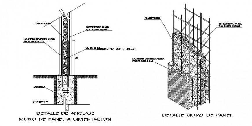 Panel wall footings and construction cad drawing details dwg file
