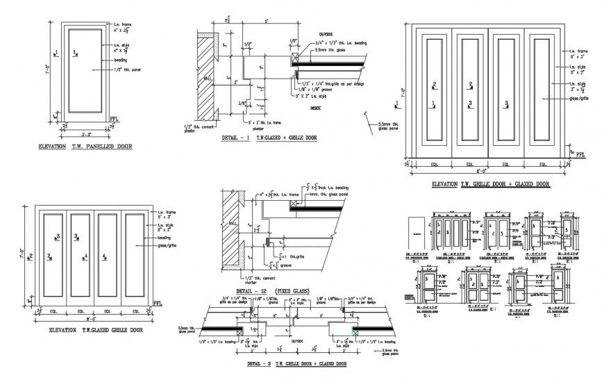 Paneled, double, glazed doors and windows elevation and installation drawing details dwg file