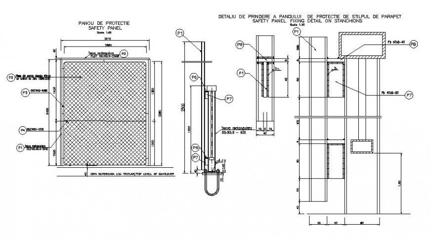 Parapet safety panel detail elevation 2d drawing in dwg format