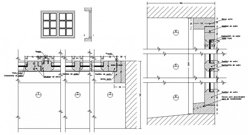 Parapet window main elevation and installation drawing details dwg file