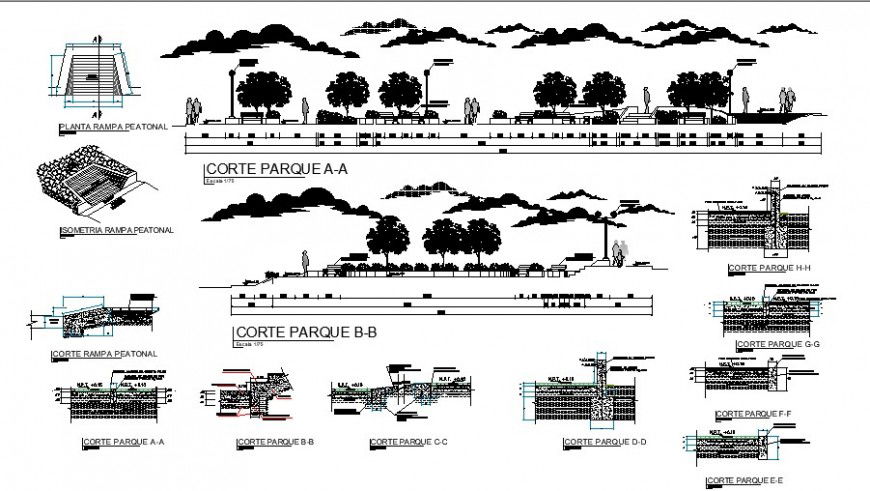 Park A-A and B-B section view with detail in auto cad