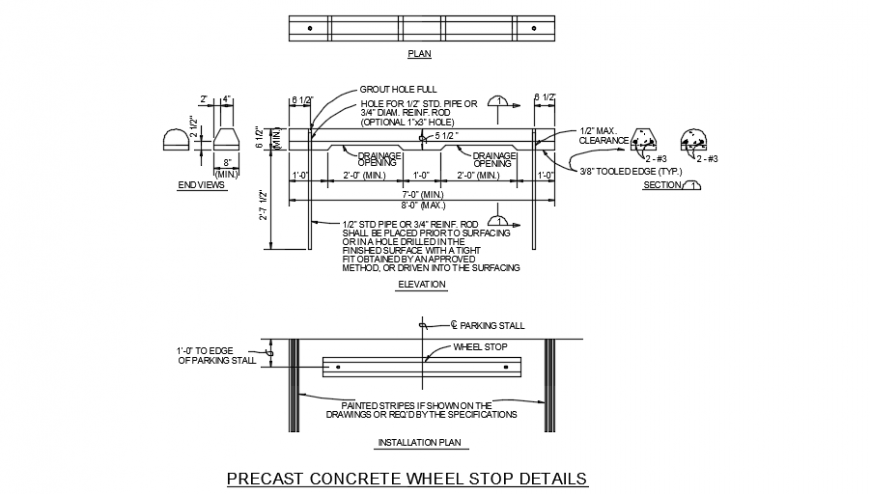 Parking bumper wheel stop details section details