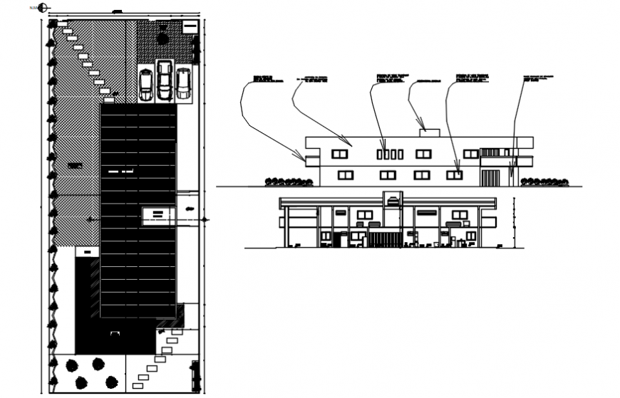 Parking plan with house elevation in AutoCAD file