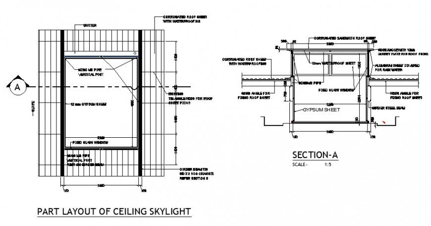 Part layout of ceiling sky light with constructive structure dwg file
