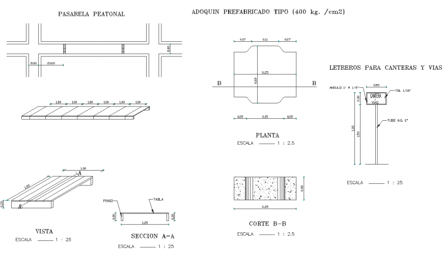 Pasarela peatonal plan and section dwg file