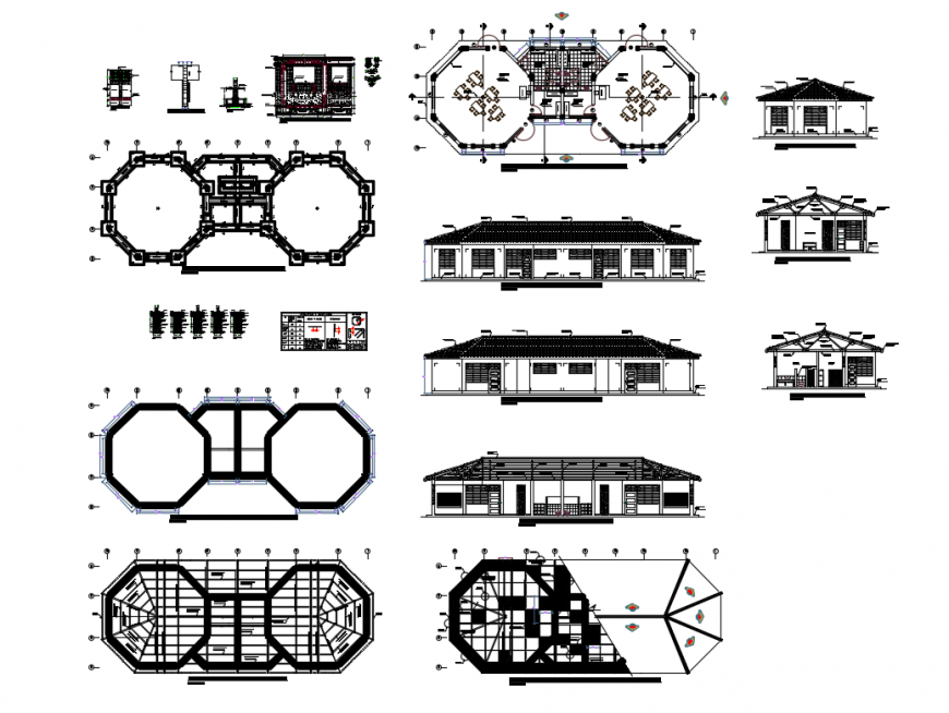 Pavilion home elevation, section, floor plan and auto-cad details dwg file