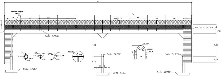 Peatonal bridge main side constructive section drawing details dwg file