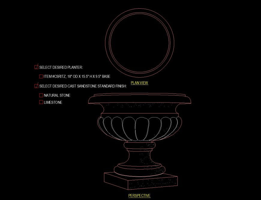 Pedestal large planter view of detail drawing in dwg file.