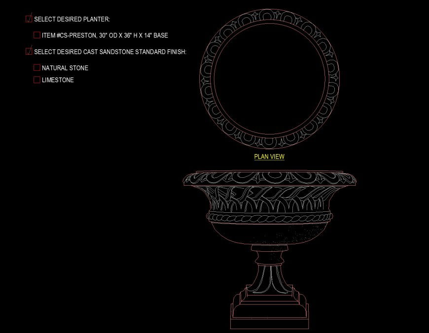 Pedestal planter all side carving drawing in dwg file.