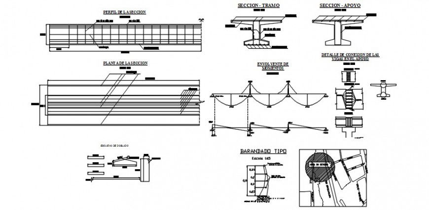 Pedestrian bridge elevation, section and construction details dwg file