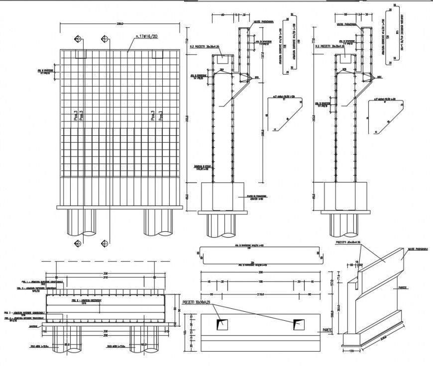 Pedestrian bridge footing sections and construction details dwg file