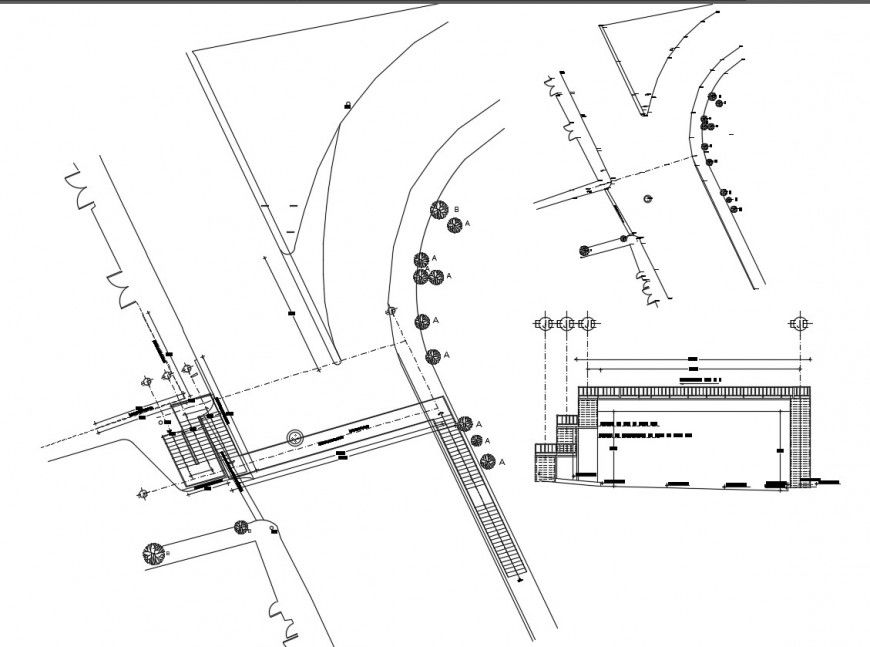 Pedestrian bridge site plan, section and construction drawing details dwg file