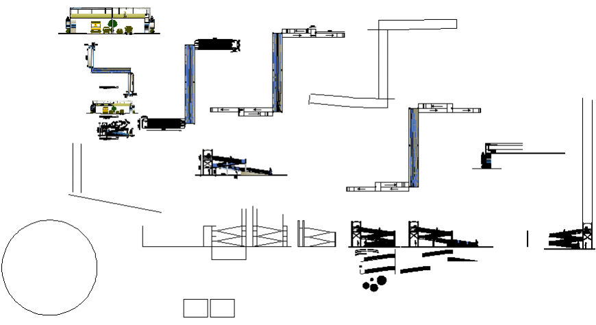 Pedestrian high bridge elevation, section and constructive structure details dwg file
