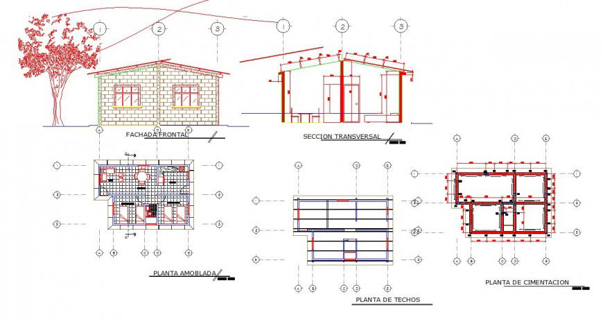 Pent house elevation detailing and sectional and plan