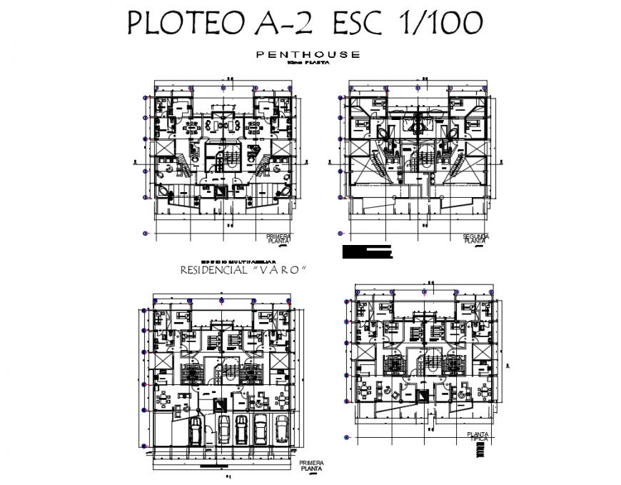 Pent house ground, first and second floor layout cad drawing details dwg file